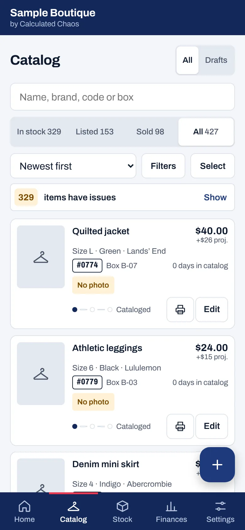 Catalog with sample pieces, product codes and boxes