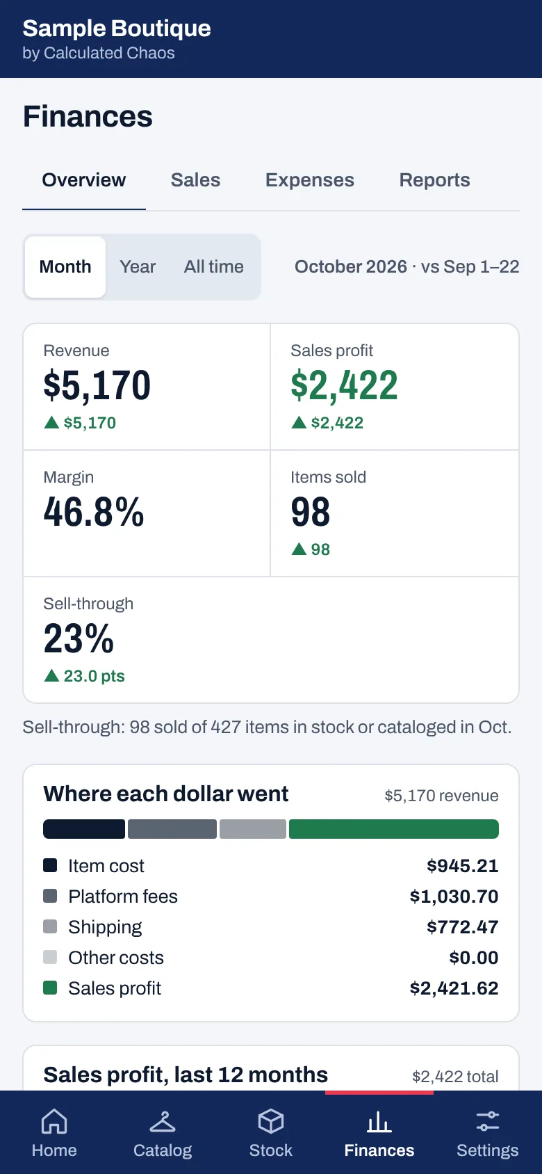 Finances overview with sample sales and profit