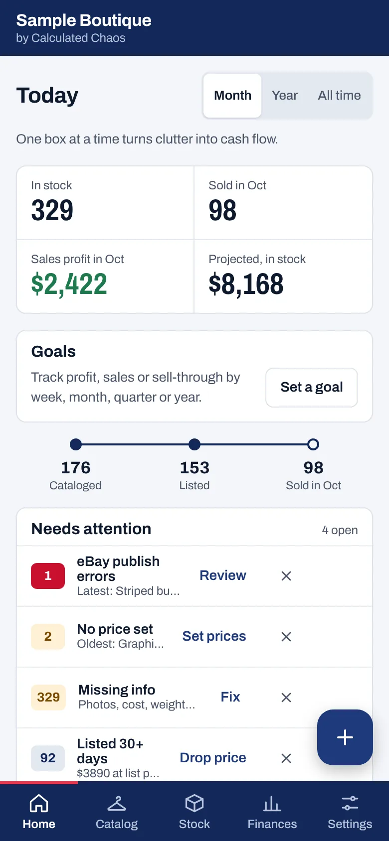 The Home screen with sample data: in stock, sold and profit for the month, and the items that need attention