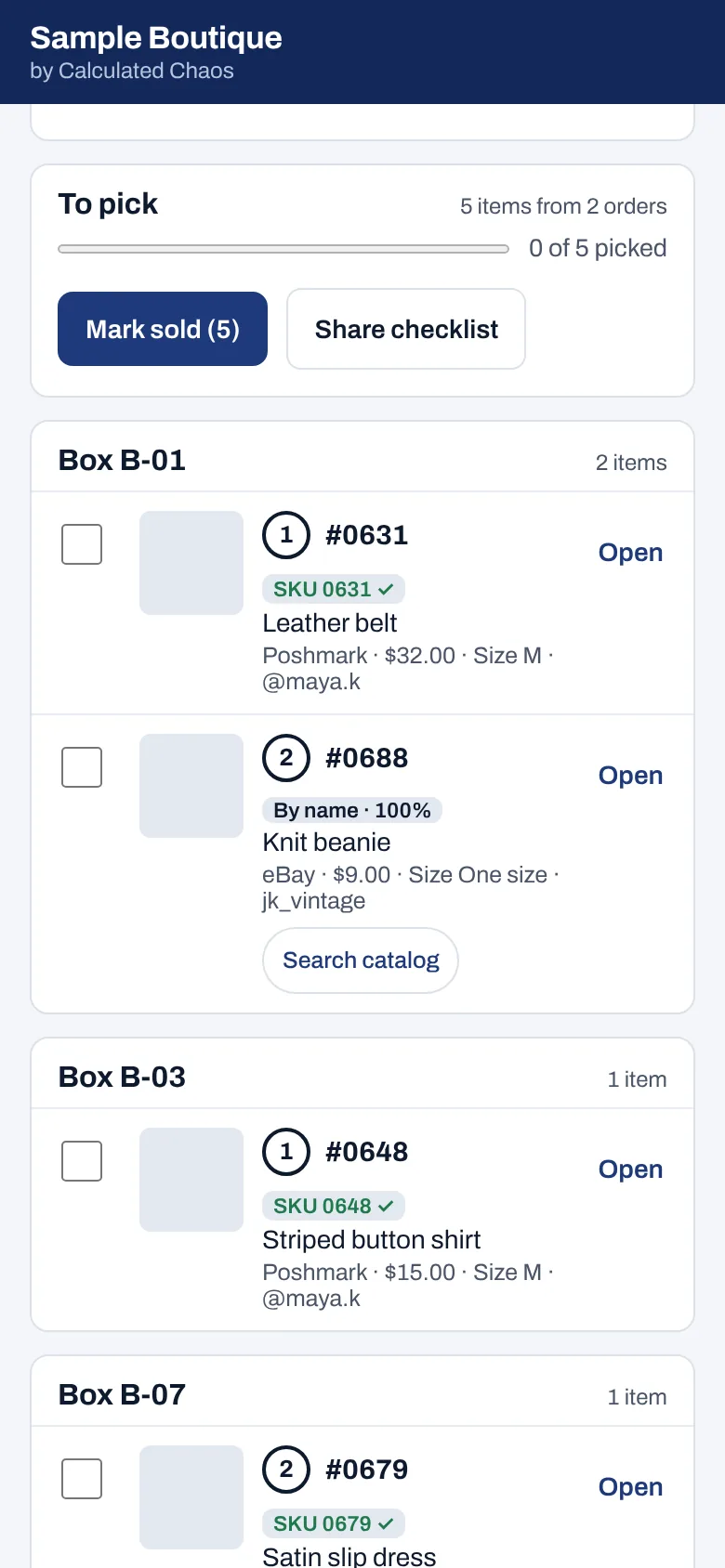 Stock pick list grouped by box, with a warning for a piece still listed elsewhere